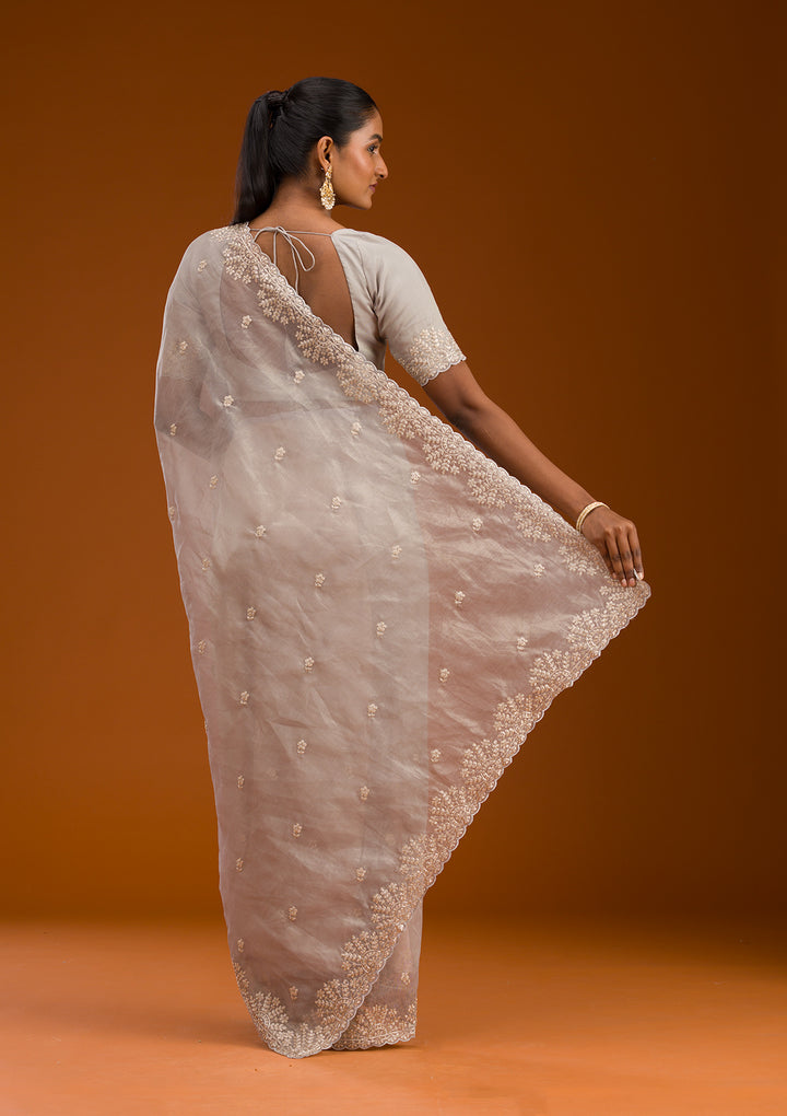 Grey Tissue Pitawork Saree With Matching Blouse Piece