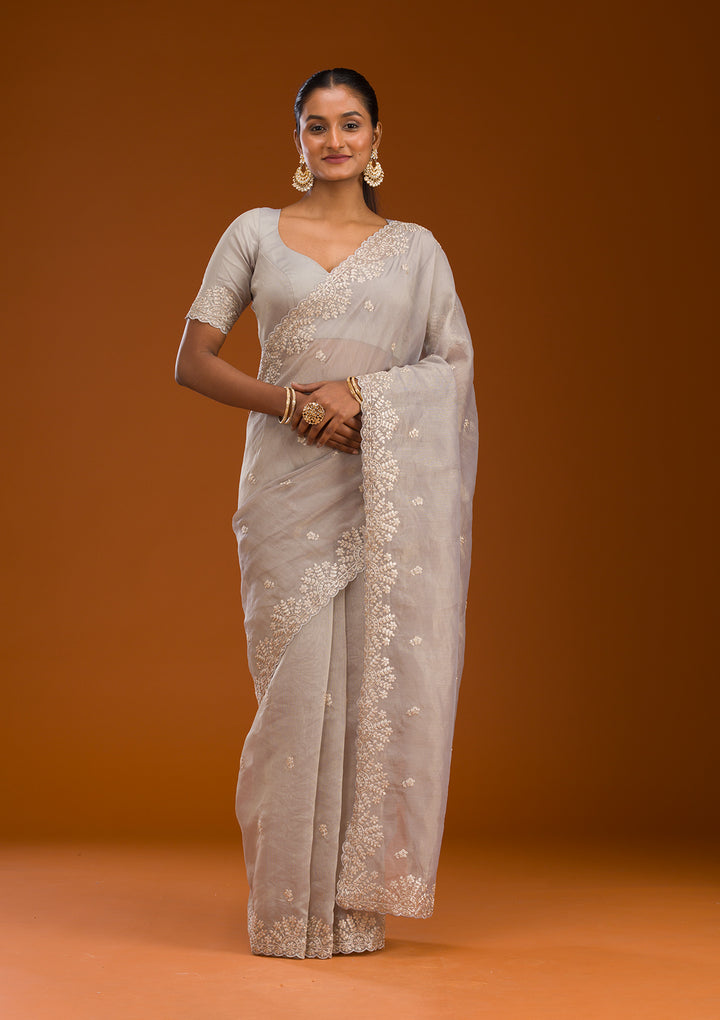 Grey Tissue Pitawork Saree With Matching Blouse Piece