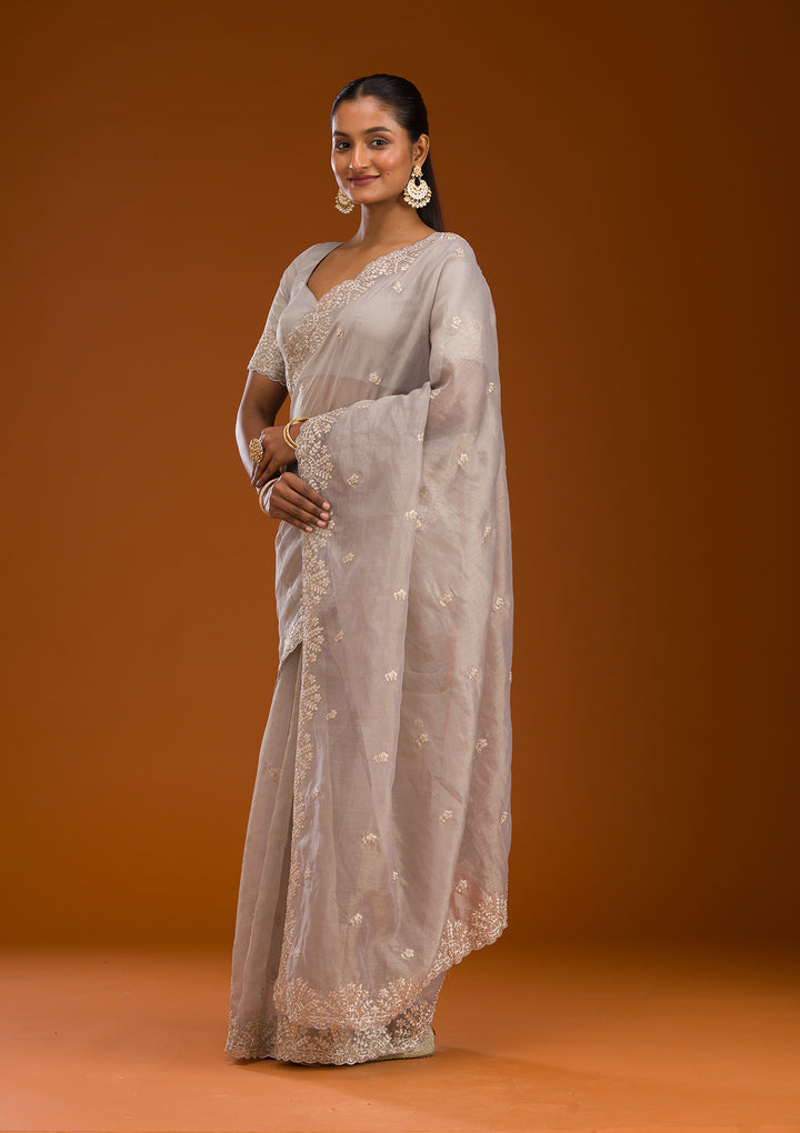 Grey Tissue Pitawork Saree With Matching Blouse Piece