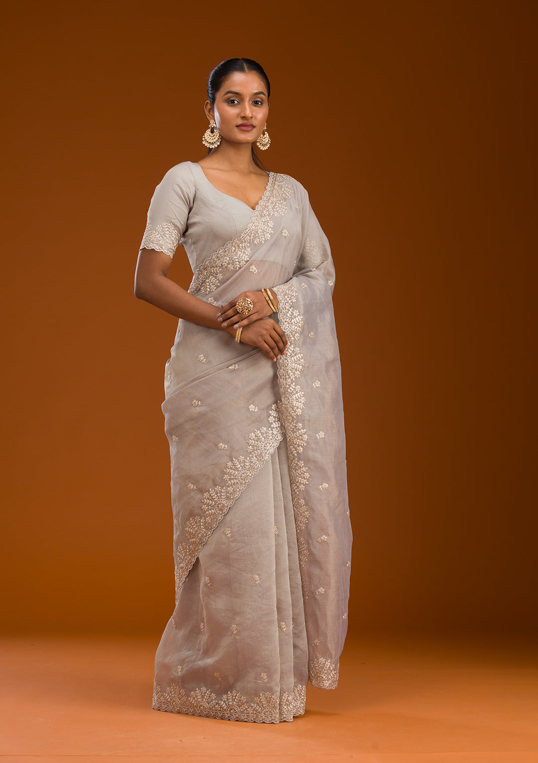 Grey Tissue Pitawork Saree With Matching Blouse Piece
