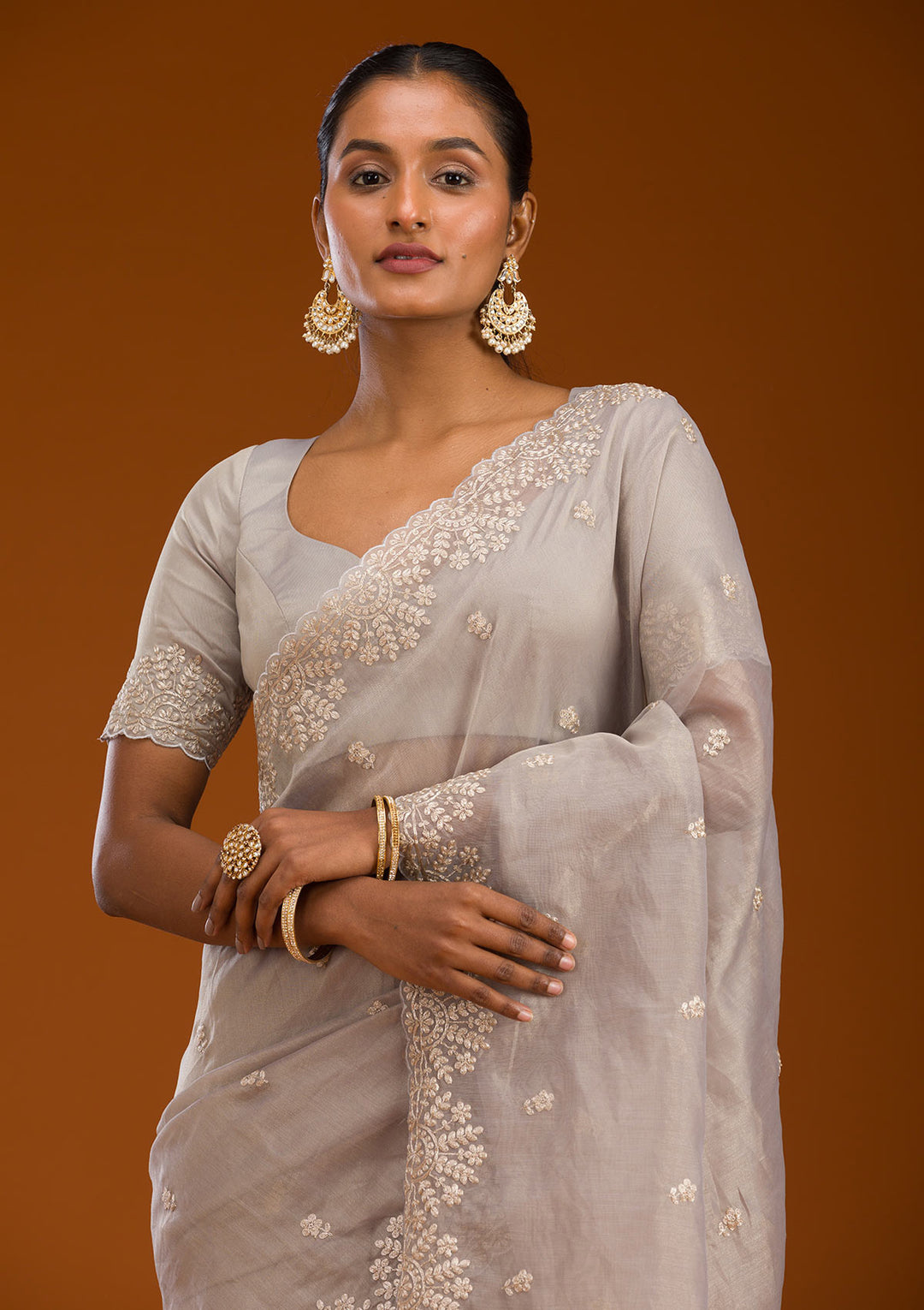 Grey Tissue Pitawork Saree With Matching Blouse Piece