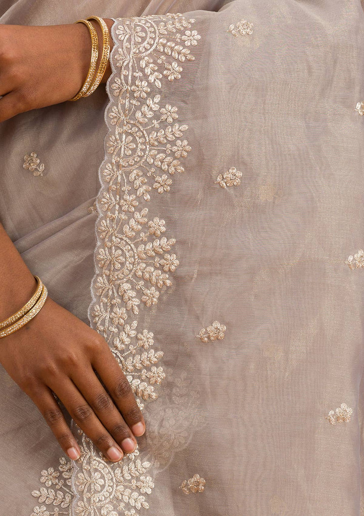 Grey Tissue Pitawork Saree With Matching Blouse Piece