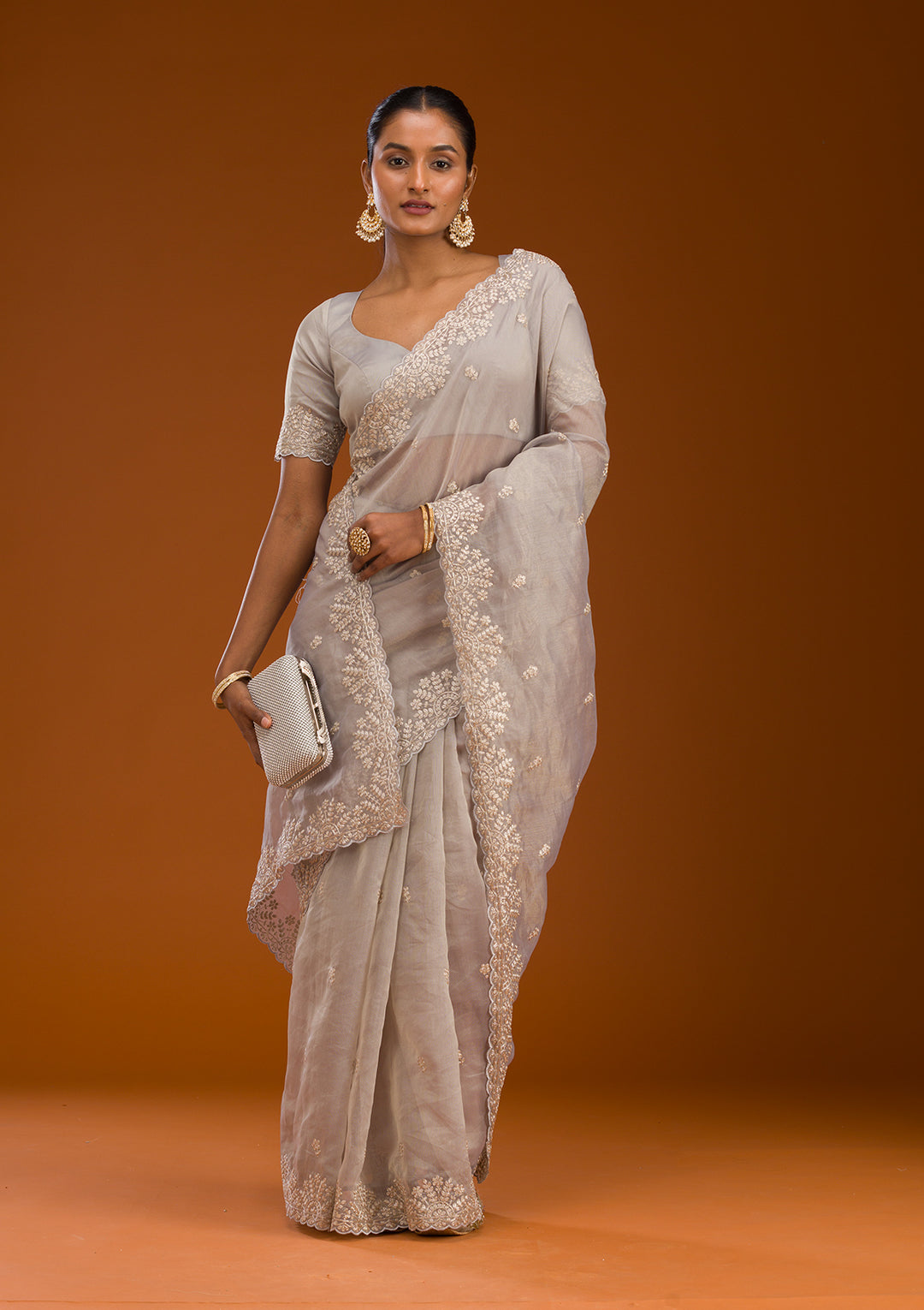Grey Tissue Pitawork Saree With Matching Blouse Piece