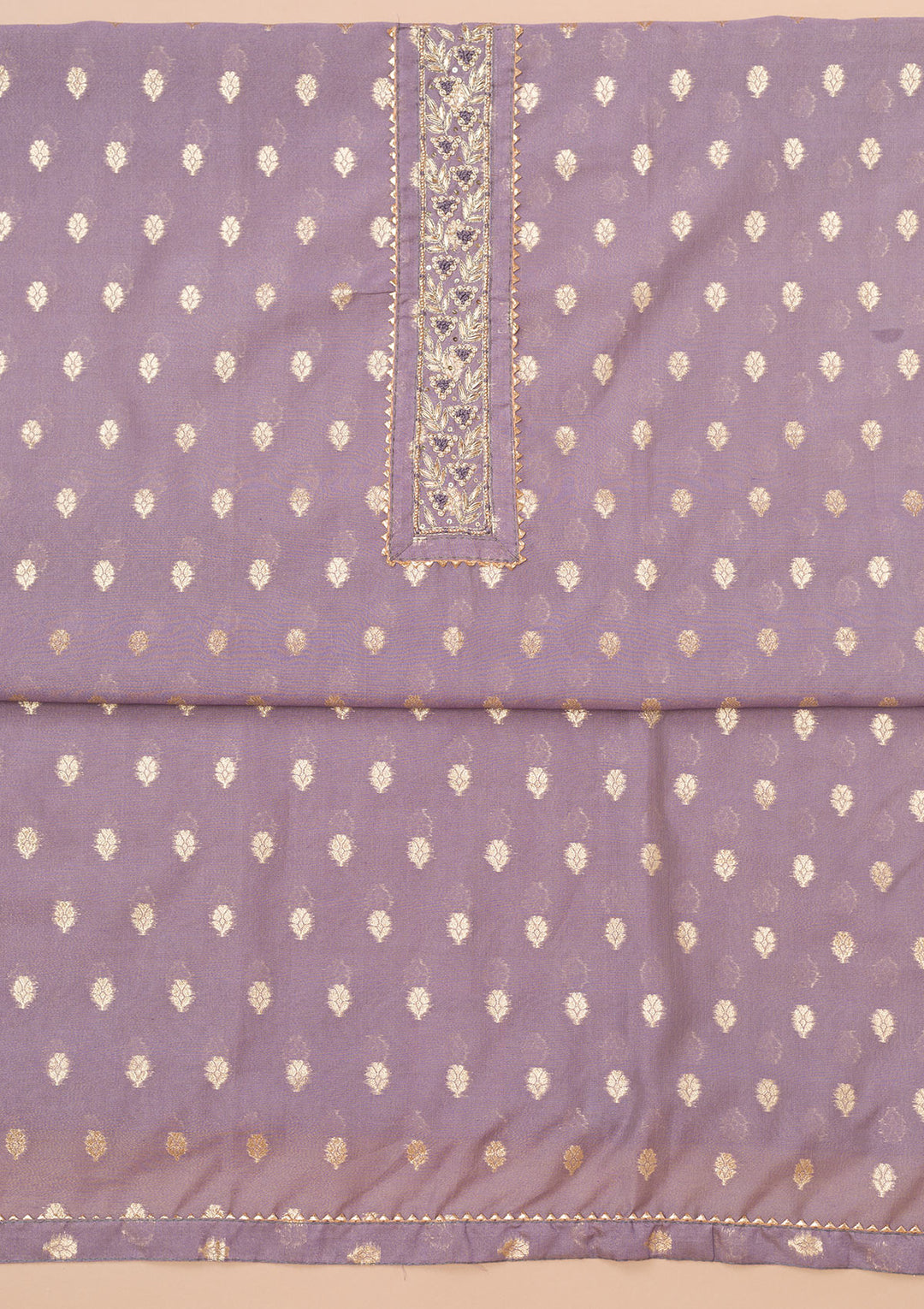 Lavender Chanderi Pearlwork Unstitched Dress Material With Matching Bottom And Dupatta