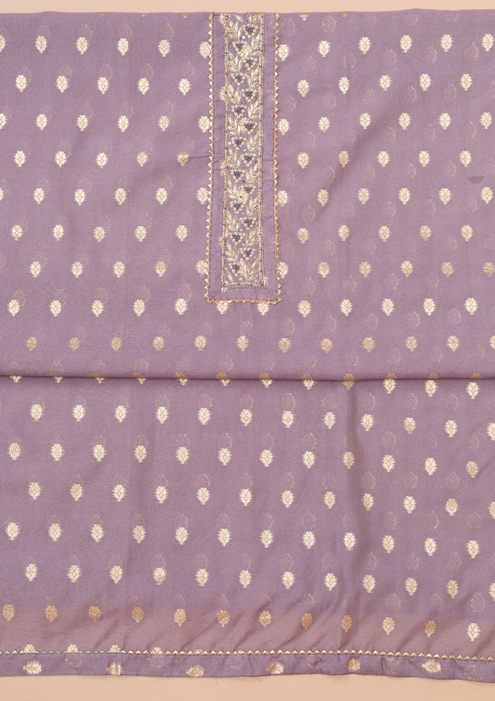 Lavender Chanderi Pearlwork Unstitched Dress Material With Matching Bottom And Dupatta
