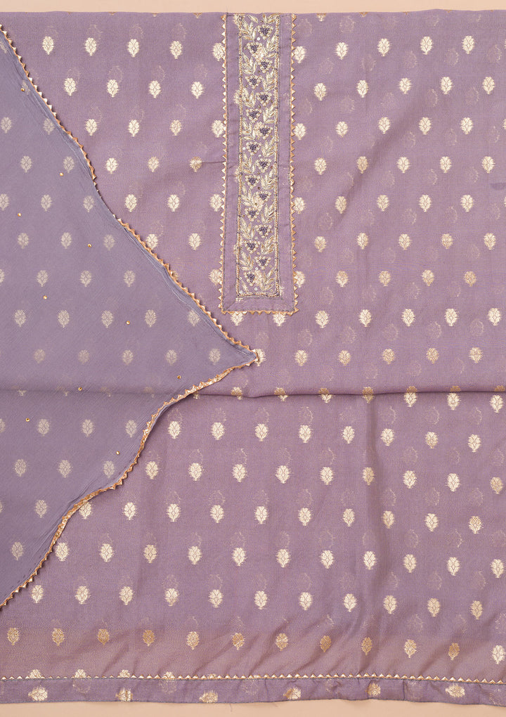 Lavender Chanderi Pearlwork Unstitched Dress Material With Matching Bottom And Dupatta