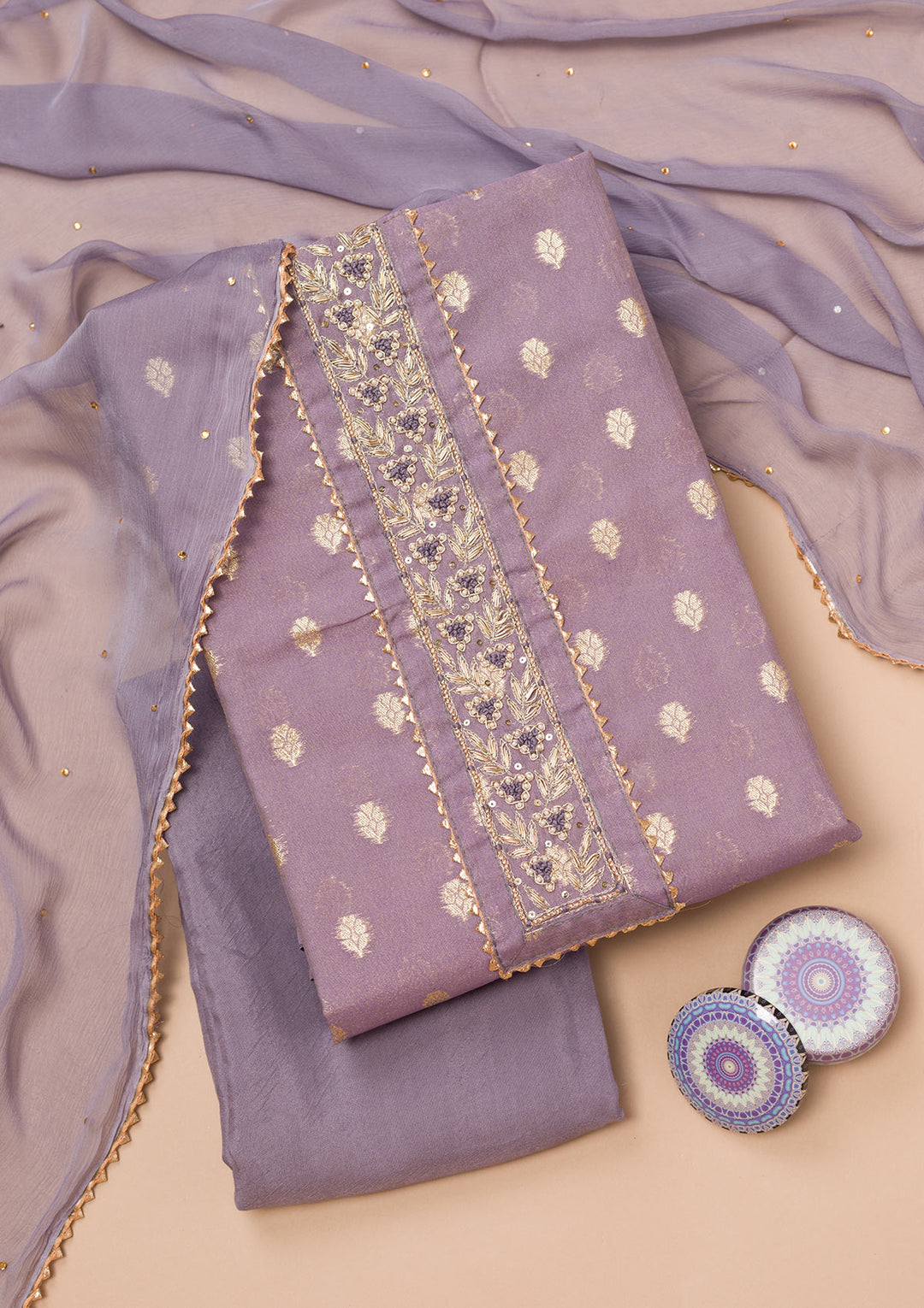Lavender Chanderi Pearlwork Unstitched Dress Material With Matching Bottom And Dupatta