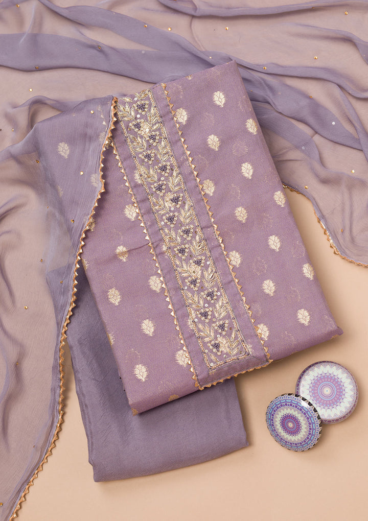Lavender Chanderi Pearlwork Unstitched Dress Material With Matching Bottom And Dupatta