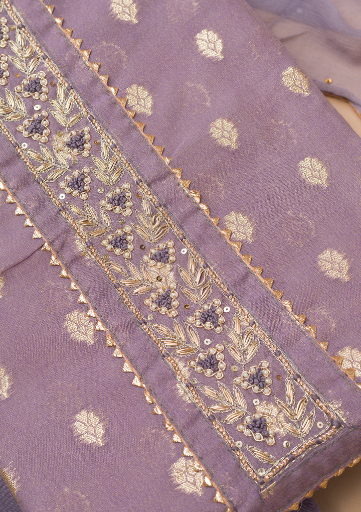 Lavender Chanderi Pearlwork Unstitched Dress Material With Matching Bottom And Dupatta
