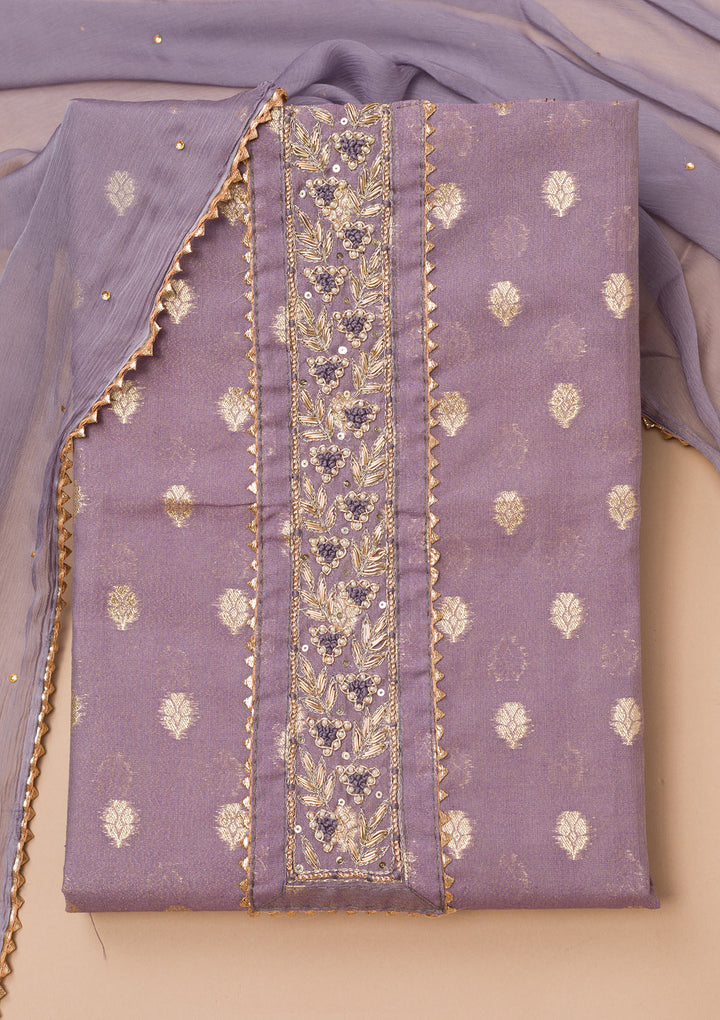 Lavender Chanderi Pearlwork Unstitched Dress Material With Matching Bottom And Dupatta