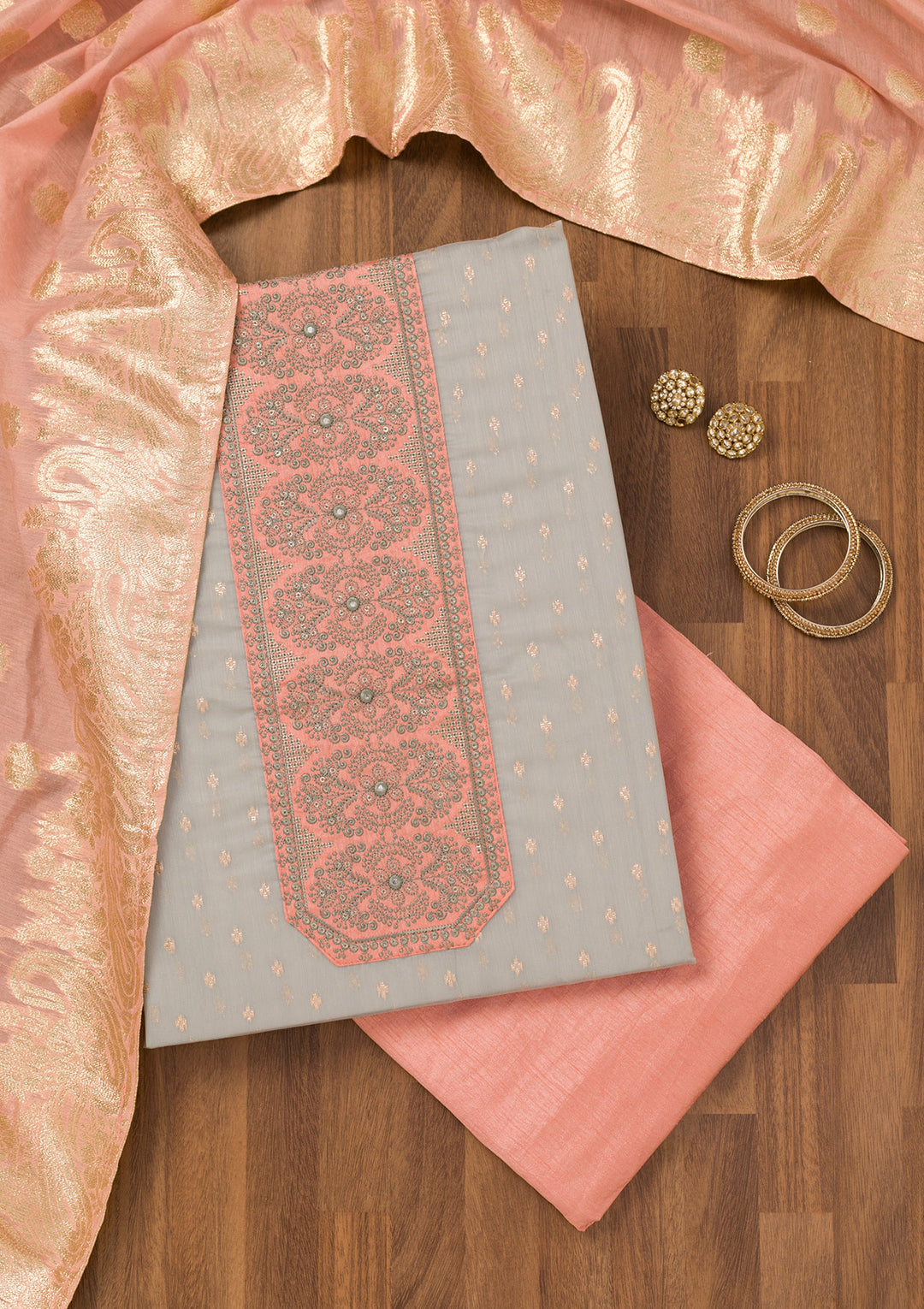 Light Grey Chanderi Threadwork Unstitched Dress Material With Matching Bottom And Dupatta