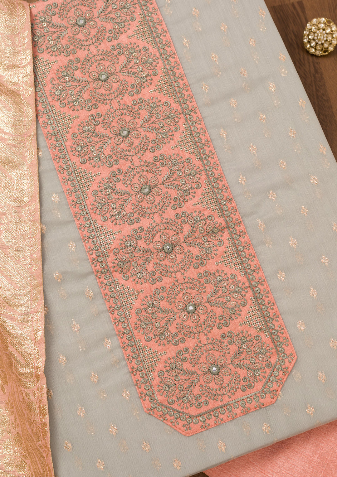 Light Grey Chanderi Threadwork Unstitched Dress Material With Matching Bottom And Dupatta