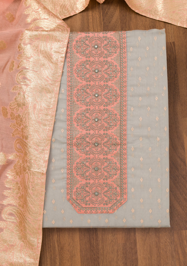 Light Grey Chanderi Threadwork Unstitched Dress Material With Matching Bottom And Dupatta