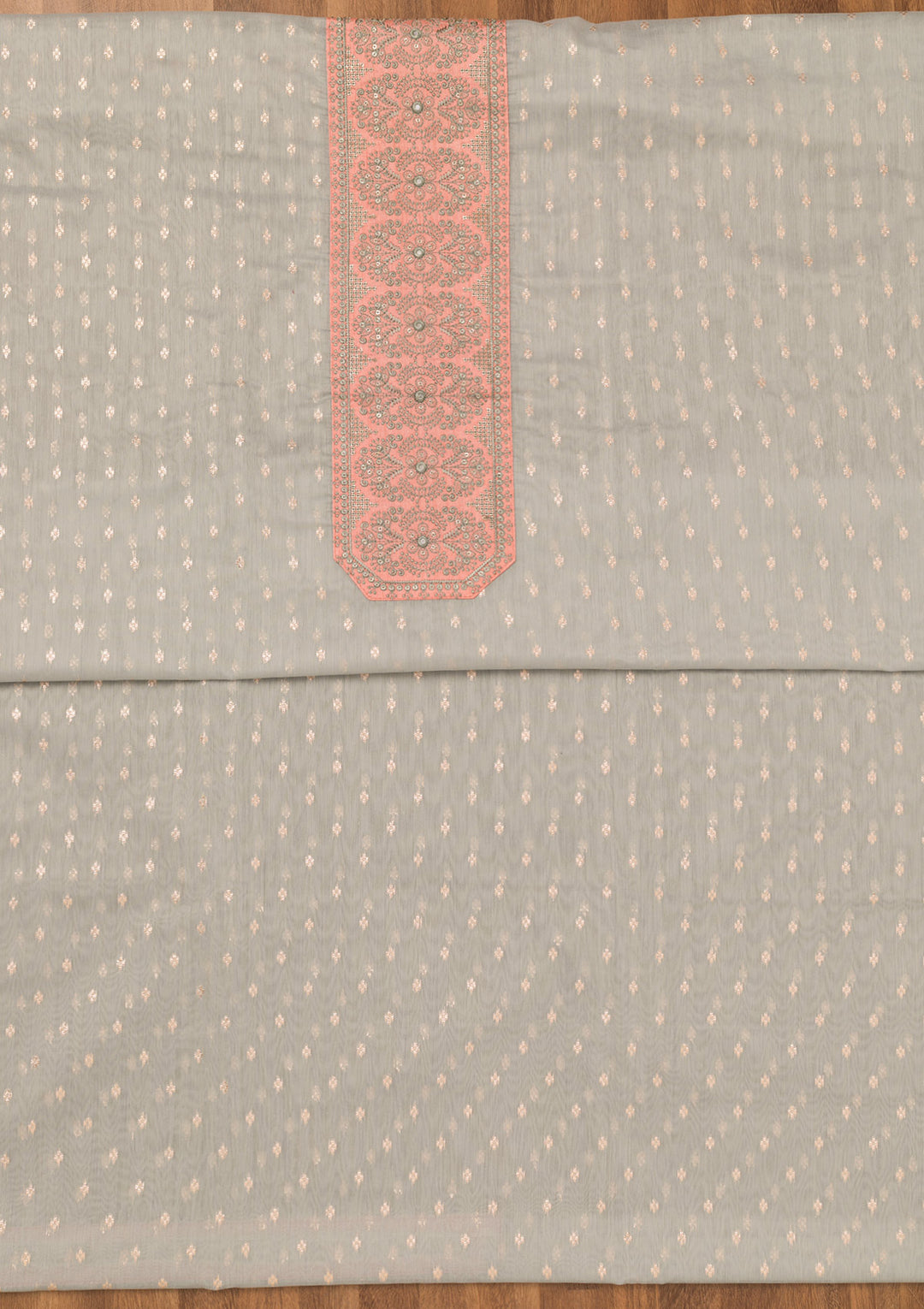 Light Grey Chanderi Threadwork Unstitched Dress Material With Matching Bottom And Dupatta