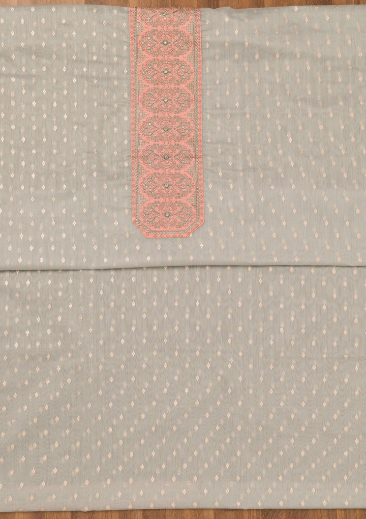 Light Grey Chanderi Threadwork Unstitched Dress Material With Matching Bottom And Dupatta