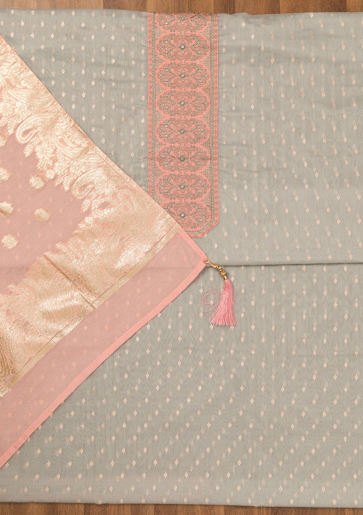 Light Grey Chanderi Threadwork Unstitched Dress Material With Matching Bottom And Dupatta