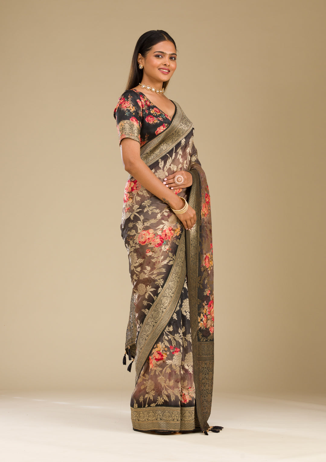 Dark Grey Silk Jaal Gold Zariwork Saree With Matching Blouse Piece