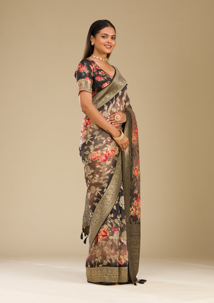 Dark Grey Silk Jaal Gold Zariwork Saree With Matching Blouse Piece