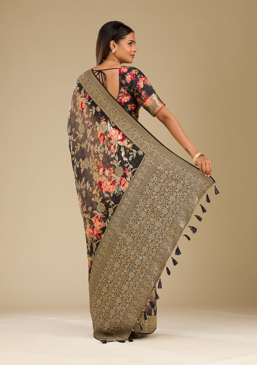 Dark Grey Silk Jaal Gold Zariwork Saree With Matching Blouse Piece