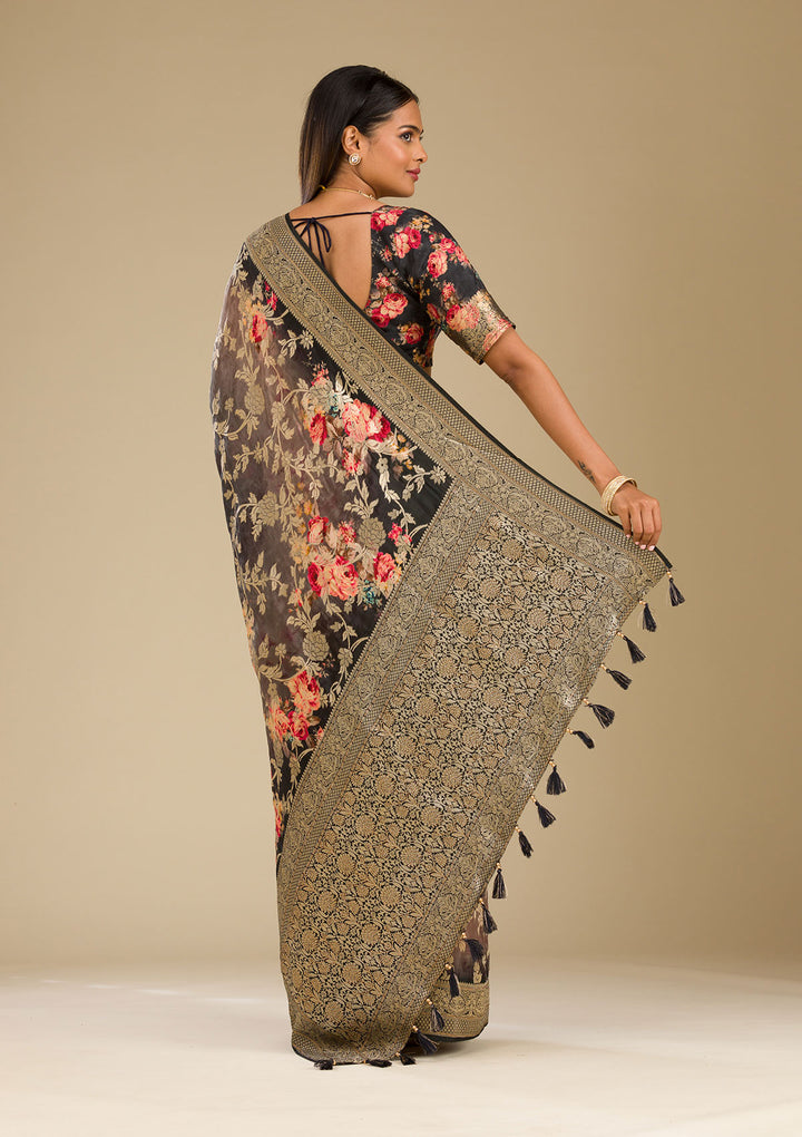 Dark Grey Silk Jaal Gold Zariwork Saree With Matching Blouse Piece