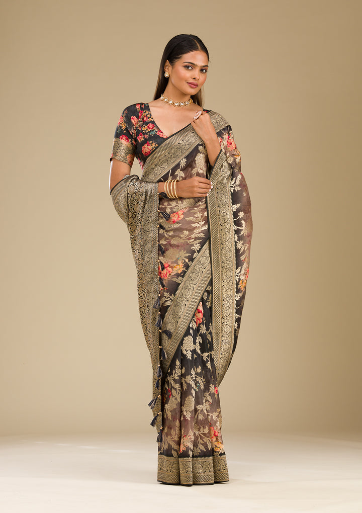 Dark Grey Silk Jaal Gold Zariwork Saree With Matching Blouse Piece