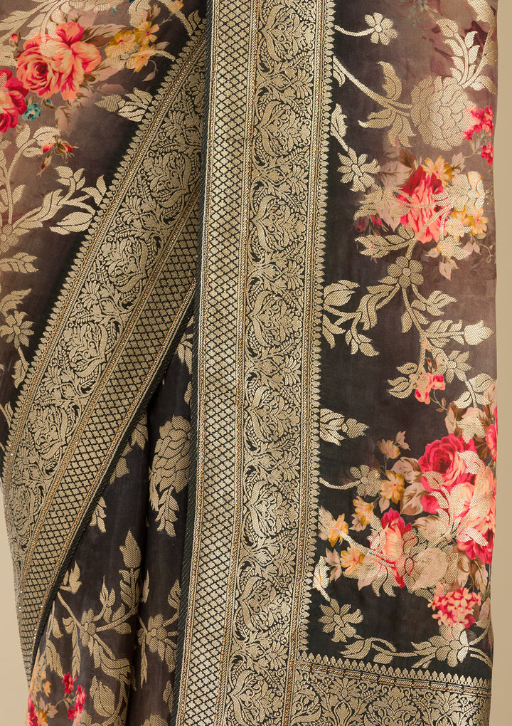 Dark Grey Silk Jaal Gold Zariwork Saree With Matching Blouse Piece