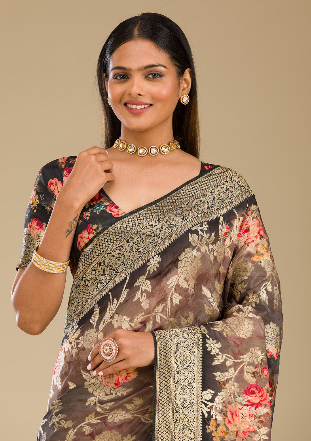 Dark Grey Silk Jaal Gold Zariwork Saree With Matching Blouse Piece