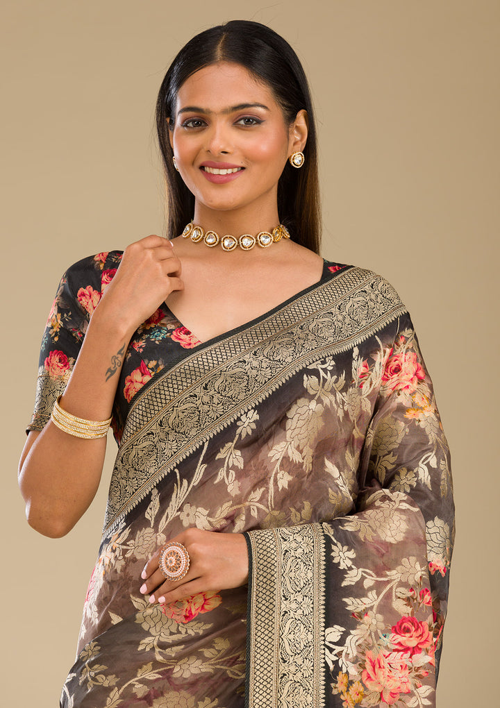 Dark Grey Silk Jaal Gold Zariwork Saree With Matching Blouse Piece