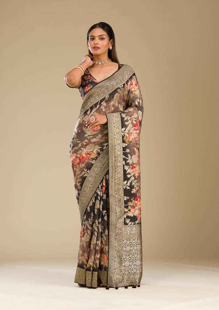 Dark Grey Silk Jaal Gold Zariwork Saree With Matching Blouse Piece