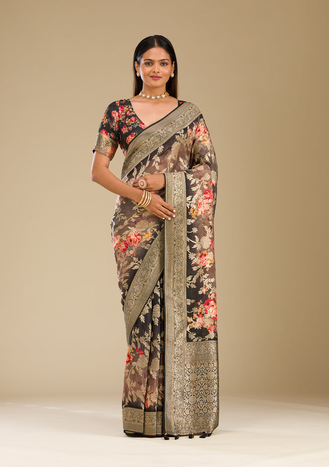 Dark Grey Silk Jaal Gold Zariwork Saree With Matching Blouse Piece