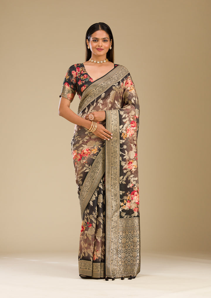 Dark Grey Silk Jaal Gold Zariwork Saree With Matching Blouse Piece
