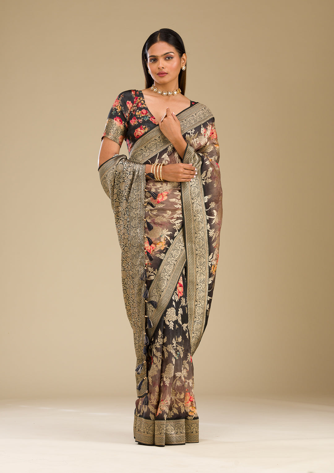 Dark Grey Silk Jaal Gold Zariwork Saree With Matching Blouse Piece