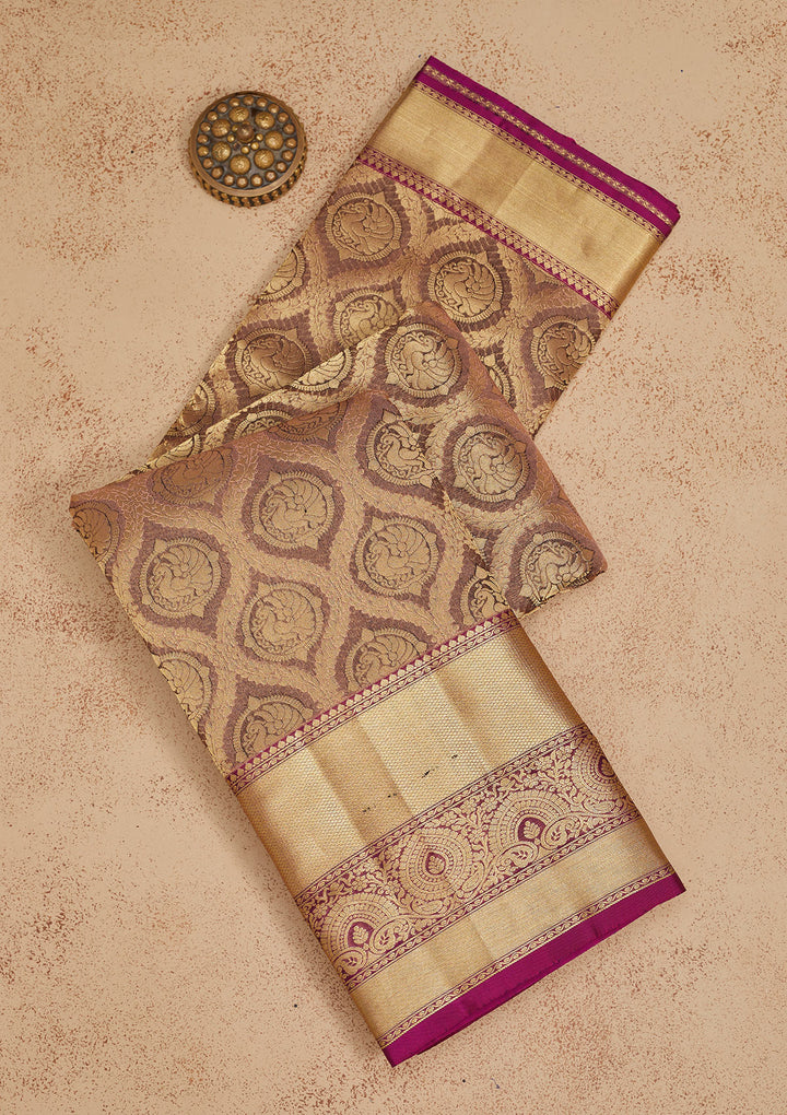 Grey Silk Jaal Gold Zariwork Saree With Matching Blouse Piece