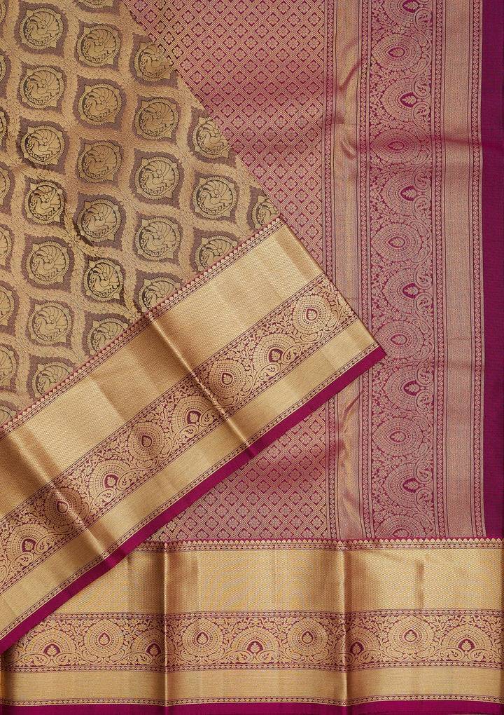 Grey Silk Jaal Gold Zariwork Saree With Matching Blouse Piece