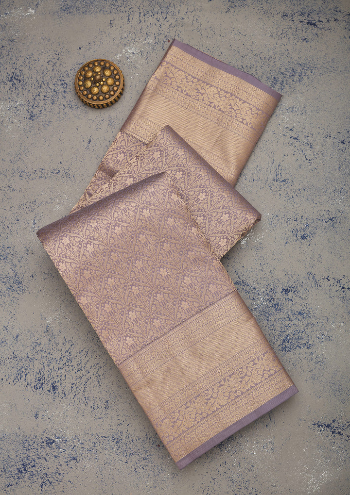 Grey Silk Jaal Gold Zariwork Saree With Matching Blouse Piece
