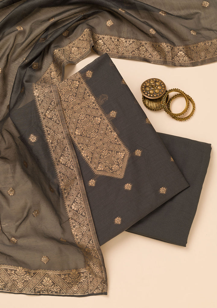 Dark Grey Chanderi Gold Zariwork Unstitched Dress Material With Matching Bottom And Dupatta