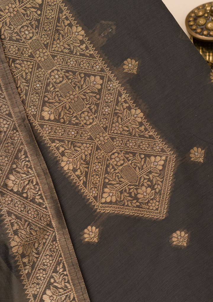 Dark Grey Chanderi Gold Zariwork Unstitched Dress Material With Matching Bottom And Dupatta