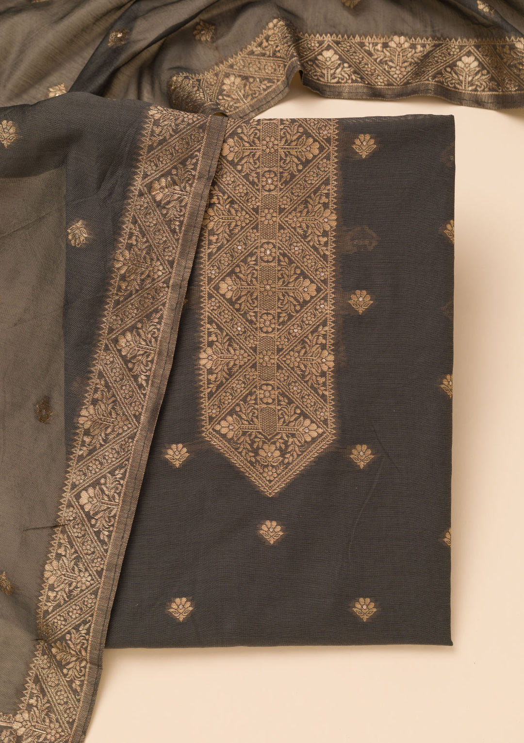 Dark Grey Chanderi Gold Zariwork Unstitched Dress Material With Matching Bottom And Dupatta