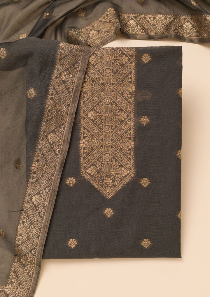 Dark Grey Chanderi Gold Zariwork Unstitched Dress Material With Matching Bottom And Dupatta