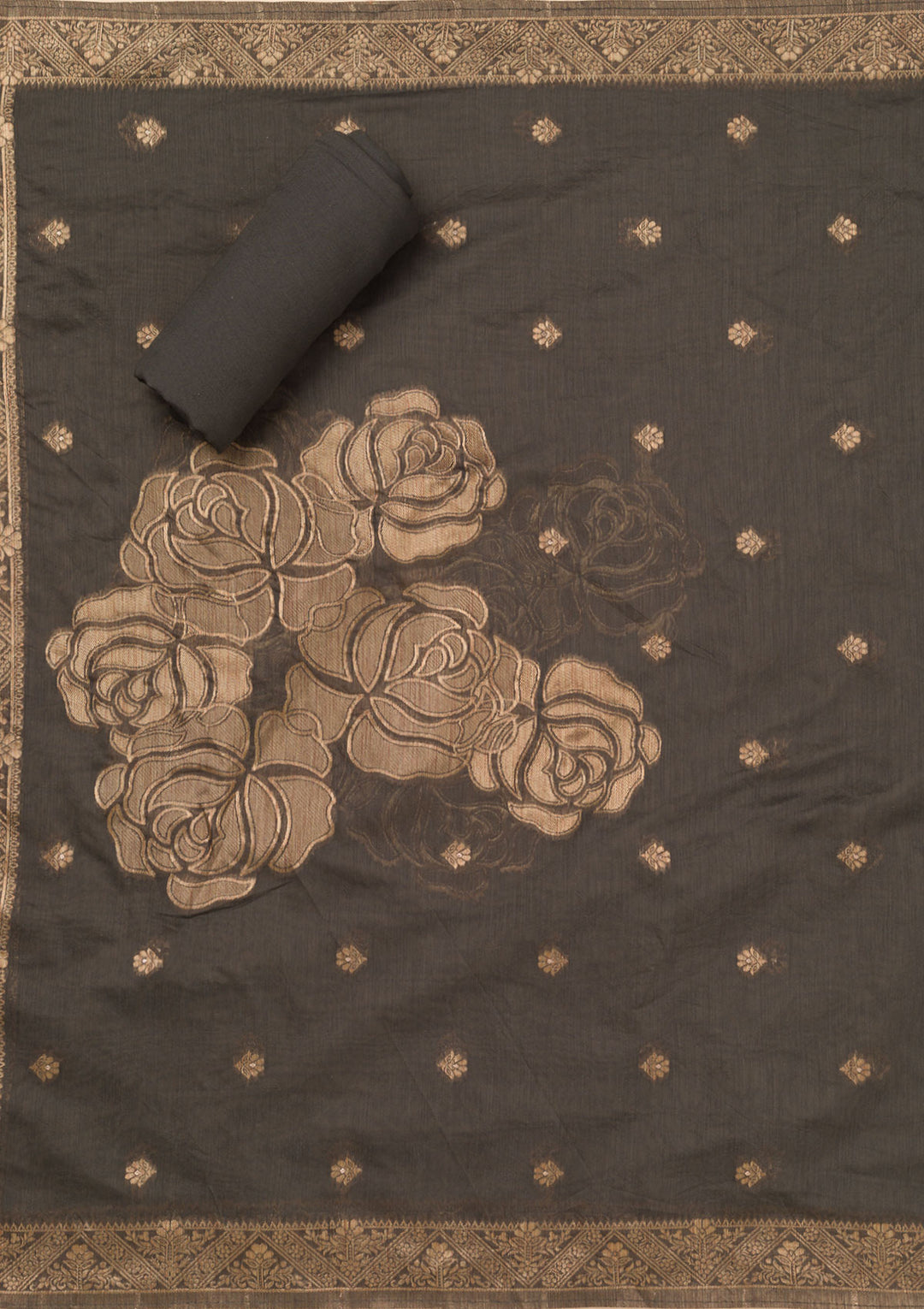 Dark Grey Chanderi Gold Zariwork Unstitched Dress Material With Matching Bottom And Dupatta
