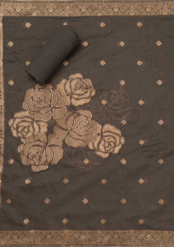 Dark Grey Chanderi Gold Zariwork Unstitched Dress Material With Matching Bottom And Dupatta