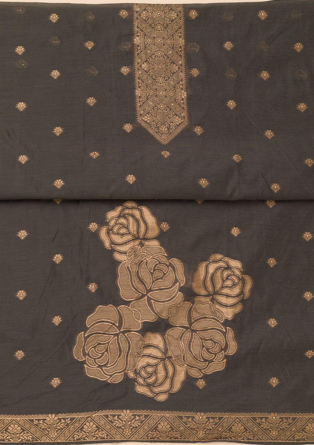 Dark Grey Chanderi Gold Zariwork Unstitched Dress Material With Matching Bottom And Dupatta