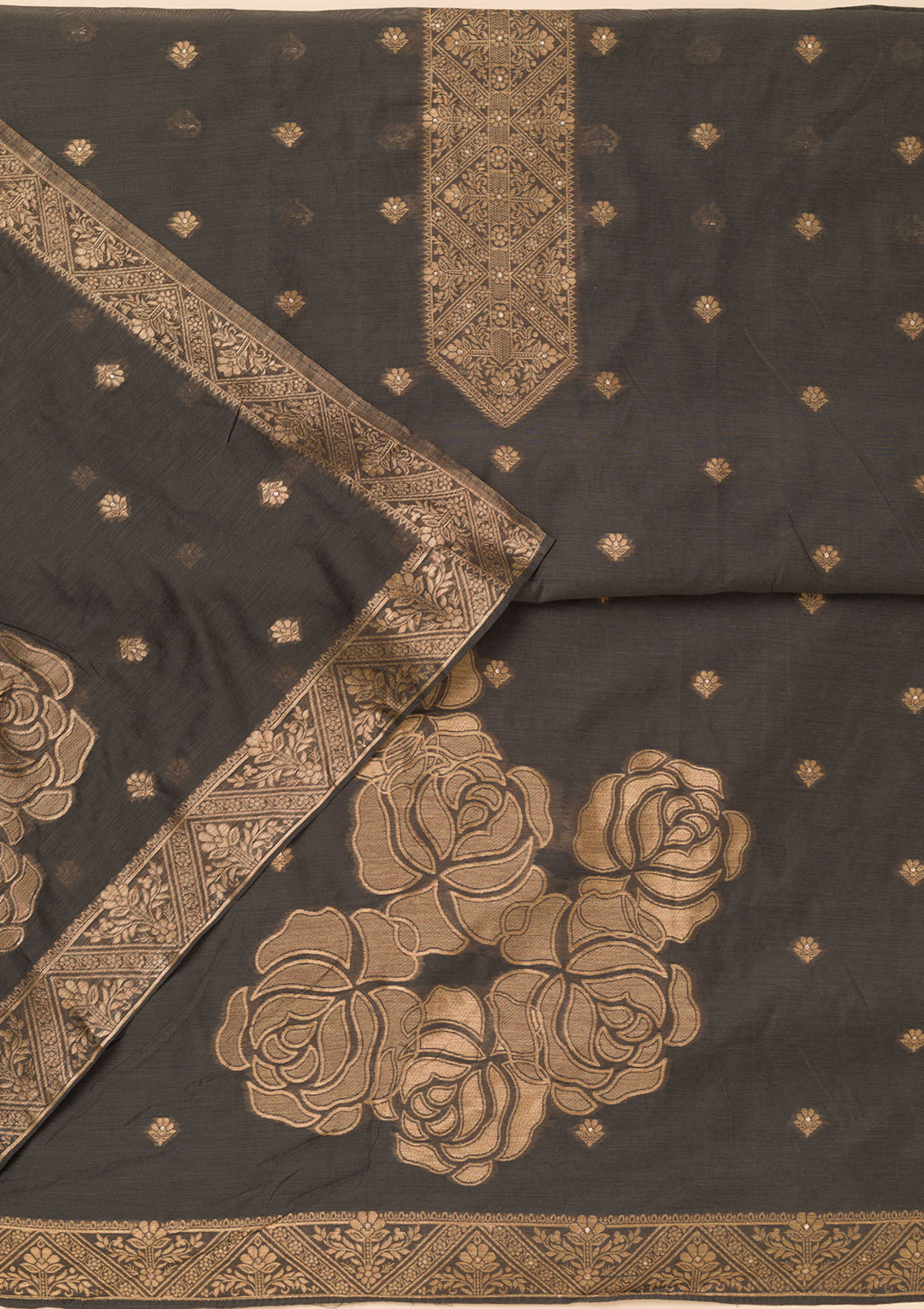Dark Grey Chanderi Gold Zariwork Unstitched Dress Material With Matching Bottom And Dupatta