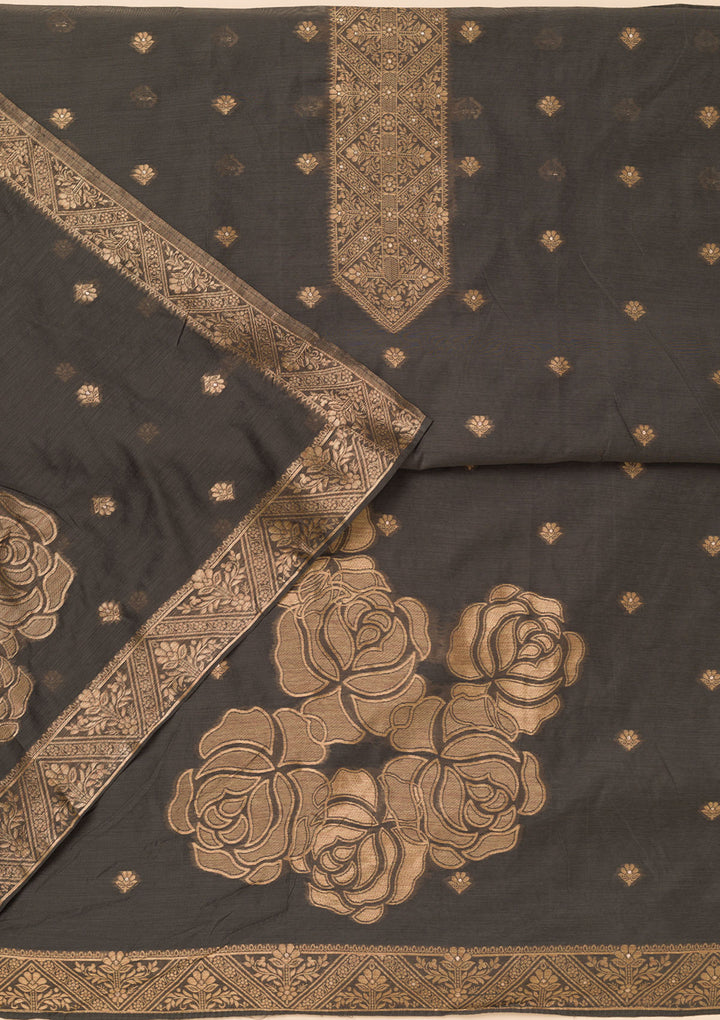 Dark Grey Chanderi Gold Zariwork Unstitched Dress Material With Matching Bottom And Dupatta