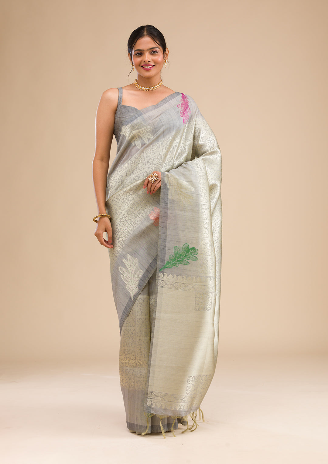 Silver Silk Jaal Gold Zariwork Saree With Matching Blouse Piece