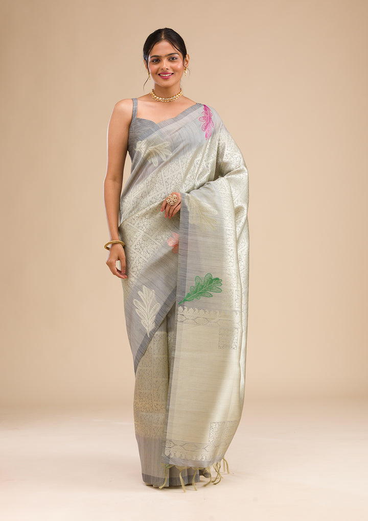 Silver Silk Jaal Gold Zariwork Saree With Matching Blouse Piece