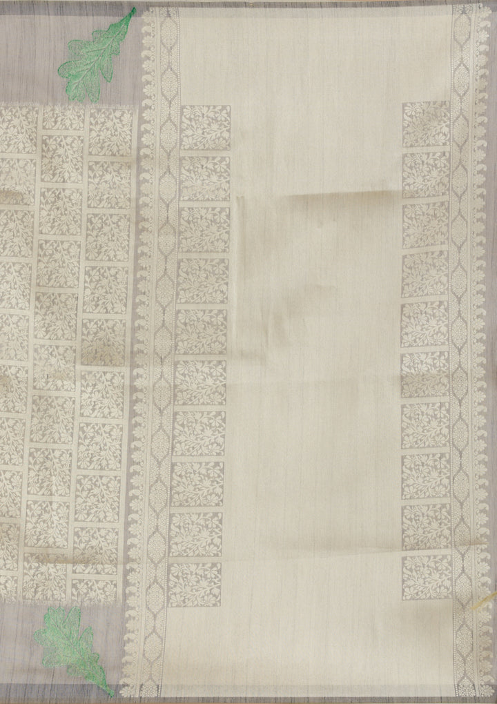 Silver Silk Jaal Gold Zariwork Saree With Matching Blouse Piece