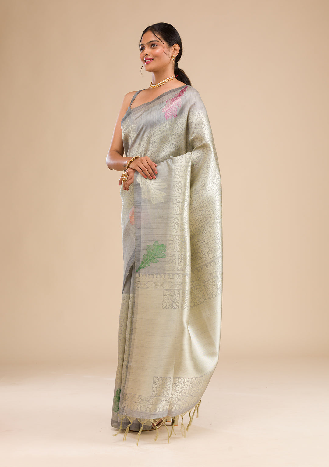 Silver Silk Jaal Gold Zariwork Saree With Matching Blouse Piece