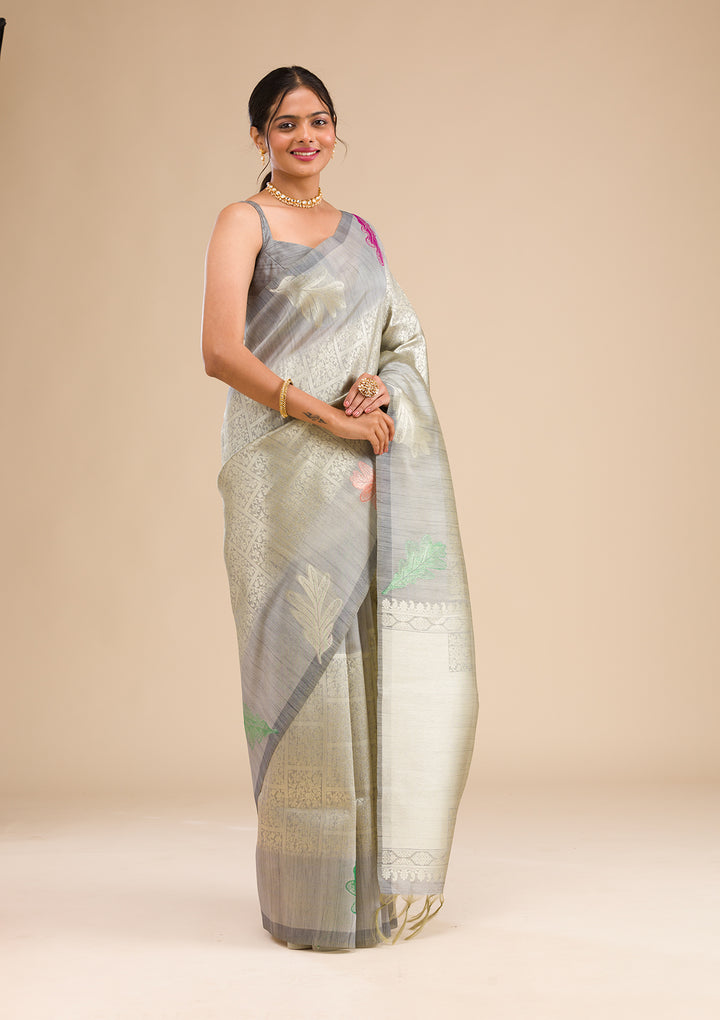 Silver Silk Jaal Gold Zariwork Saree With Matching Blouse Piece