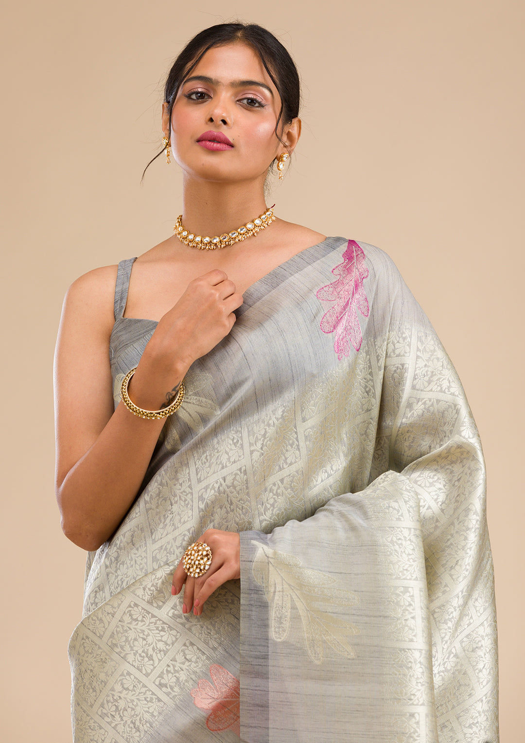 Silver Silk Jaal Gold Zariwork Saree With Matching Blouse Piece